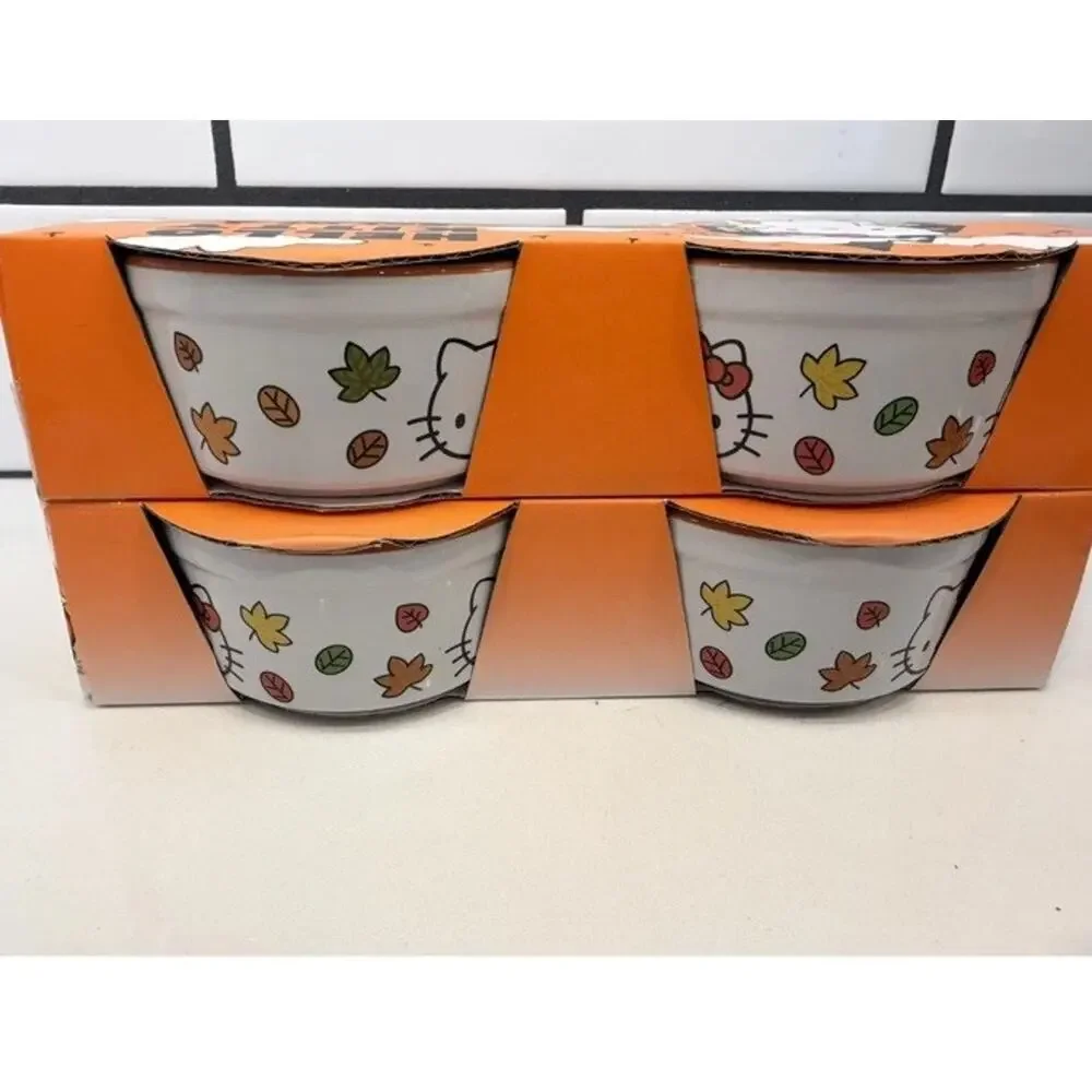 Sanrio Hello Kitty‎ Halloween Fall Leaves Set Of 4 Baking Ramekins White NEW